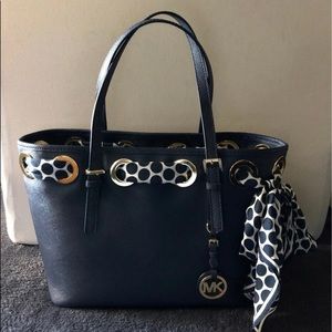 Michael Kors small navy tote with scarf EUC